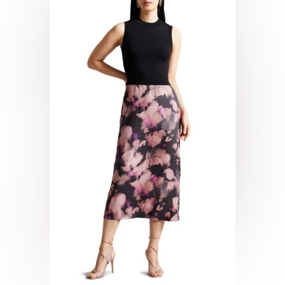 Ted Baker Black & Pink Elliha Floral Sleeveless Mock Neck Maxi Dress